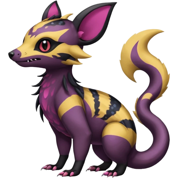 Rare epic aesthetic colorful Salandit-Noibat-Eevee-Civet-species-Fakemon-hybrid-creature, with markings, full body emoji