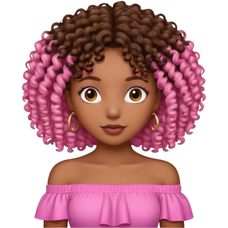 A brown skin girl with a curly 4C hair and she has a pink off shoulder top, emoji
