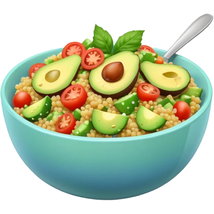 Bowl of quinoa salad with avocado, tomato, and cucumber, pastel backdrop emoji