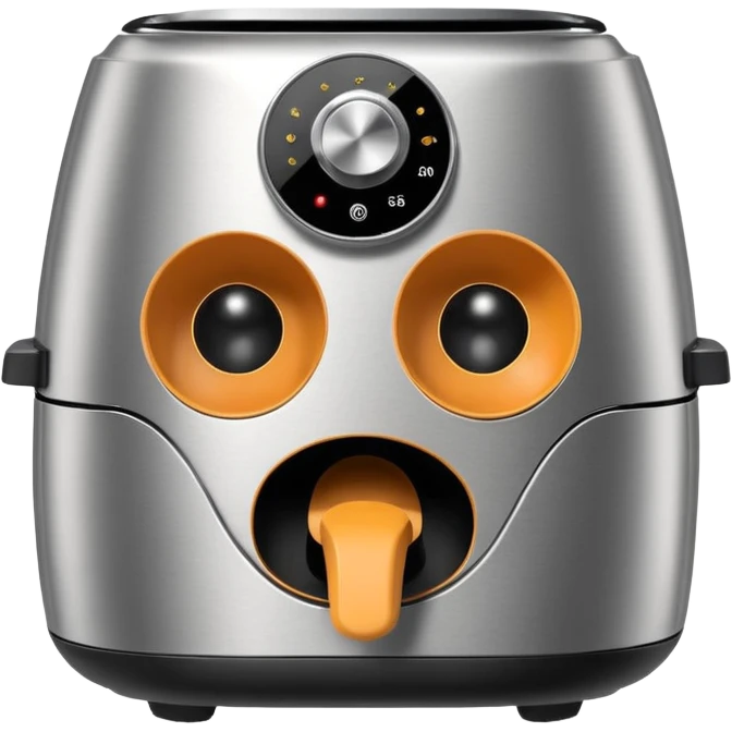 An air fryer with the knobs and handles made to look it's eyes, nose and mouth, hysterically crying with laughter emoji
