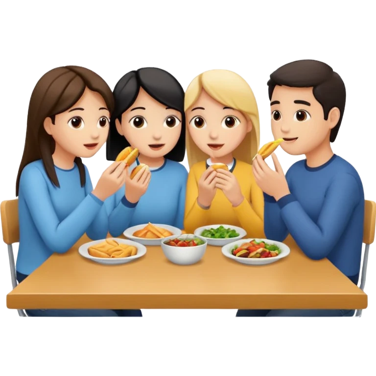 friends eating lunch, face each other, indoor, three people emoji
