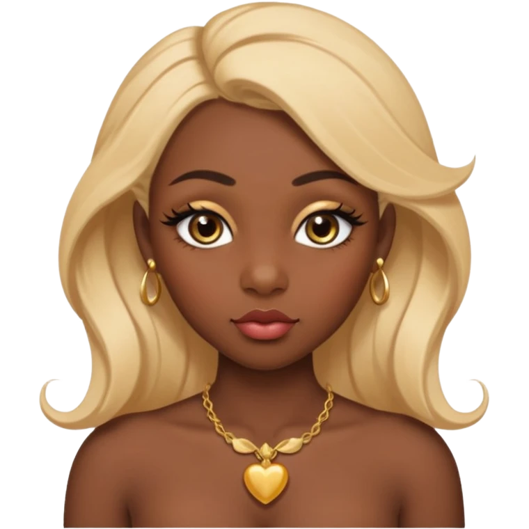 darkskin female with eyebrows that are naturally shaped and frame eyes well, eyes that are almond-shaped with defined lashes. nd lips are full with a defined cupid’s bow, add also a septum piercing that adds an edgy, stylish flair. a middle-part, honey blonde bust-down with laid baby hairs emoji