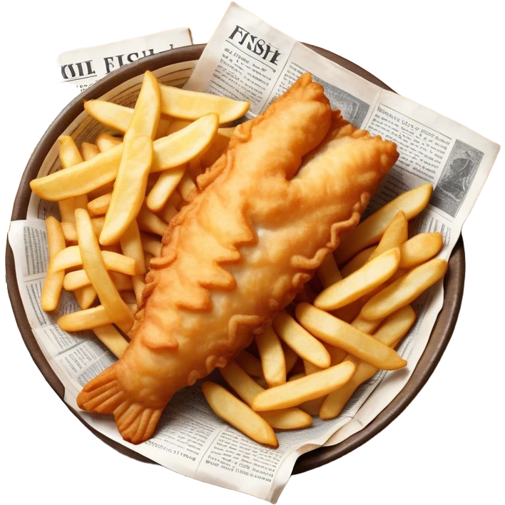 Fish and Chips Cinematic Realistic Fish and Chips Dish Emoji, depicted as a crispy battered fish fillet and golden chips served in traditional newspaper wrapping, rendered with lifelike textures and warm natural lighting that captures its iconic British street food charm  . emoji