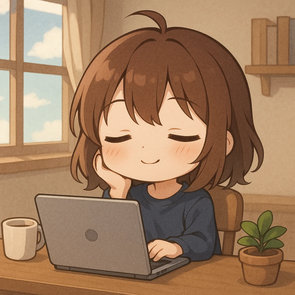 Add a laptop on the desk in front of the chibi girl, preserving the relaxed vibe. emoji