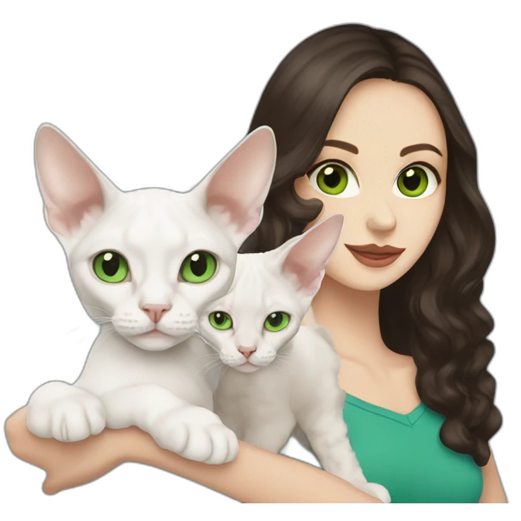 White woman with long dark hair and green eyes holding white devon rex with blue eyes emoji