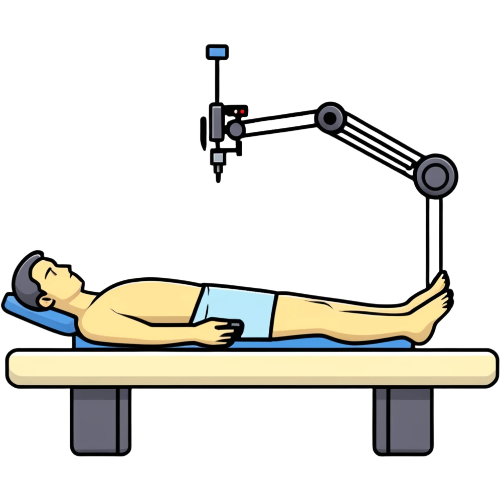 Medical DEXA scan machine with male patient lying flat on table, technician operating bone density measurement equipment, side view emoji