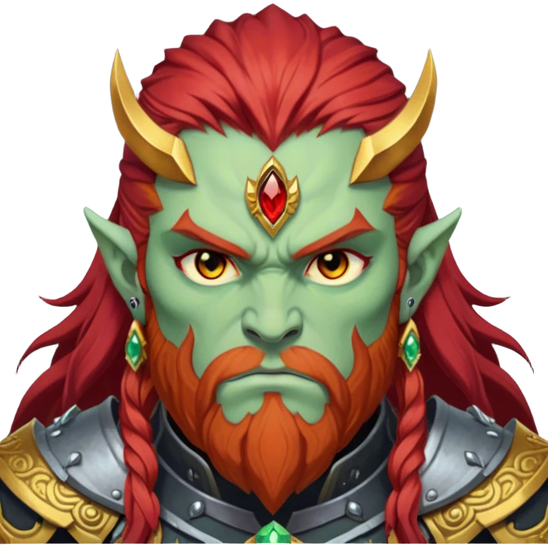 Ganondorf, pale green skin, golden irises, black pupils, long layered red hair, short thick red beard matching hair, no mustache, thick red eyebrows color matching to hair, scowling, angry, stoic, dark armor, demon armor, large ornate forehead jewelry, topaz jewel on forehead emoji
