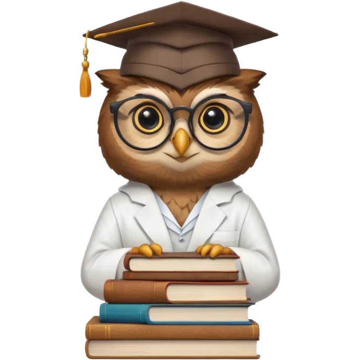 Wise owl with glasses, wearing a lab coat, perched on a stack of books. emoji