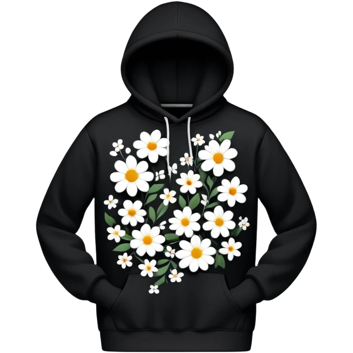The BLACK Hoodie features a black base with scattered black and white flowers. Each flower has a white outer ring with a hollow center, creating a unique open design that contrasts sharply against the dark background. emoji