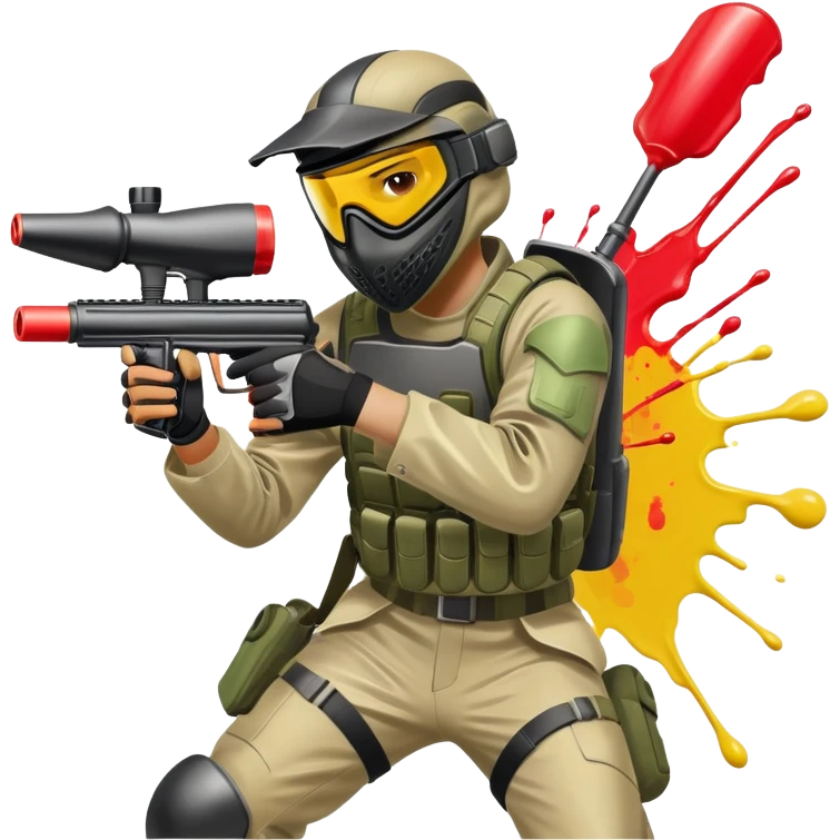 A paintball player in full gear, aiming a paintball gun with focus and determination. The scene includes vibrant splashes of paint and a dynamic battlefield setting, emphasizing action, strategy, and teamwork in a competitive environment emoji