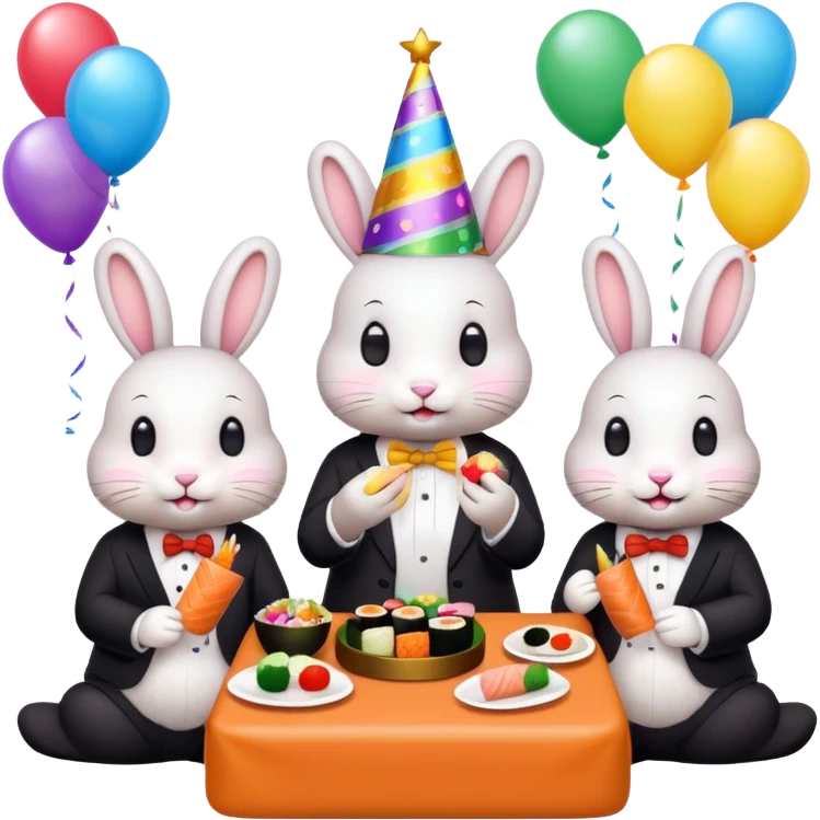 four bunnies together eating sushi at a birthday party, all four bunnies clearly visible, festive, colorful, party hats, birthday decorations, confetti, balloons, varied poses, emoji style emoji