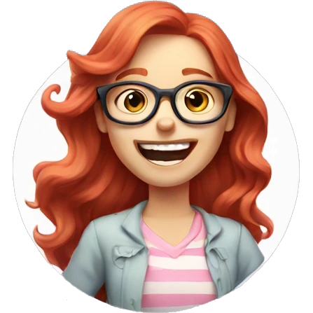 Pale, Long Wavy haired red head, girl with pink circular glasses glasses laughing and pointing emoji