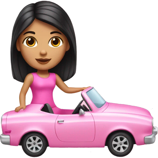 A light hispanic girl with black hair driving a pink barbie car emoji
