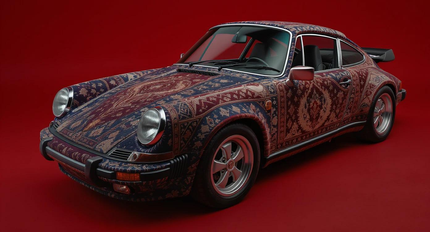 Closeup shot of a porsche 911, body of car made of russian carpet with patterns, red solid studio background,top low key light, dutch angle,  captured by ARRI 65 emoji