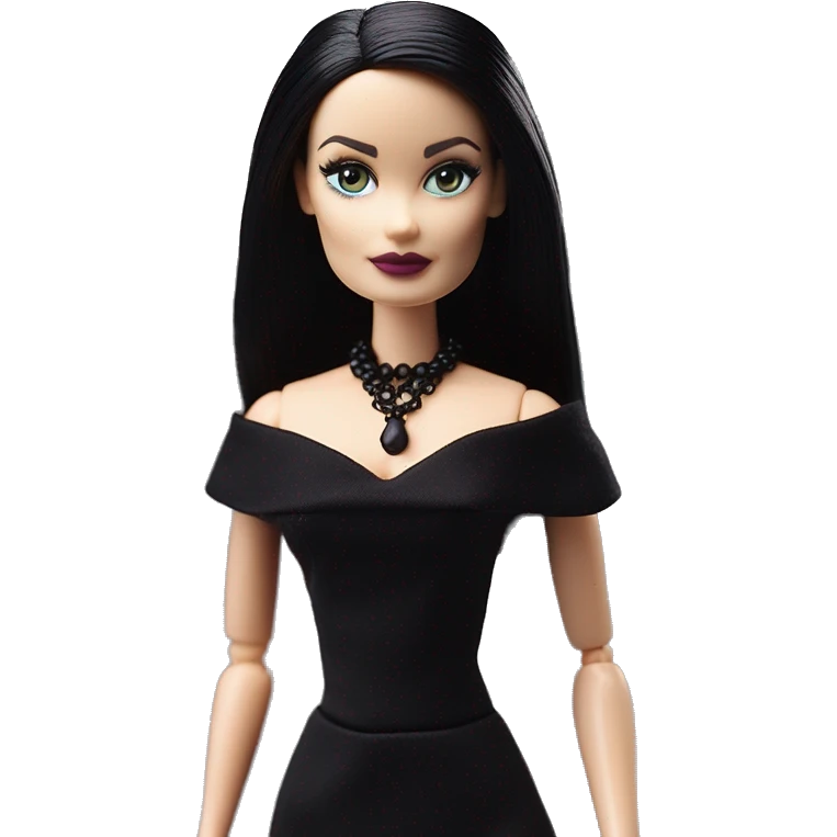  Elegant witch Wednesday Addams Barbie.  Small very light skin face. Earrings with matching necklaces. Long silky raven hair. black flowing strapless tight evening gown neckline that’s off-the-shoulders shows her legs and black high heel shoes.rc car emoji