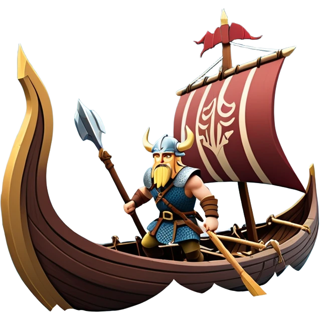 clash-of-clans-aesthetic_-cinematic-viking-longboat, rendered in a flat, bold vector style with minimal shading, featuring a striking dragon-headed prow slicing through icy, churning waters. shields on the side and vikings rowing The longboat’s intricately detailed shields and carved motifs evoke a sense of epic adventure and Nordic might, with billowing sails catching a dramatic, stormy sky backdrop. emoji