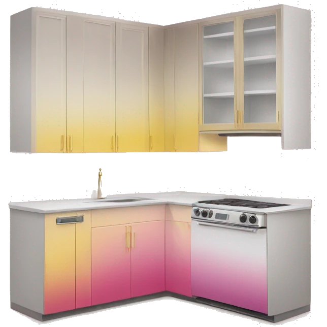 Realistic front facing pink And yellow ombre hanging kitchen cabinets and gold hardware.  emoji