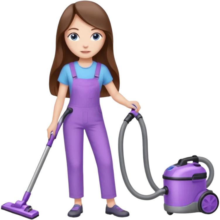beautiful girl with long brown hair, blue eyes and wearing light purple clothes, cleaning and vacuuming emoji
