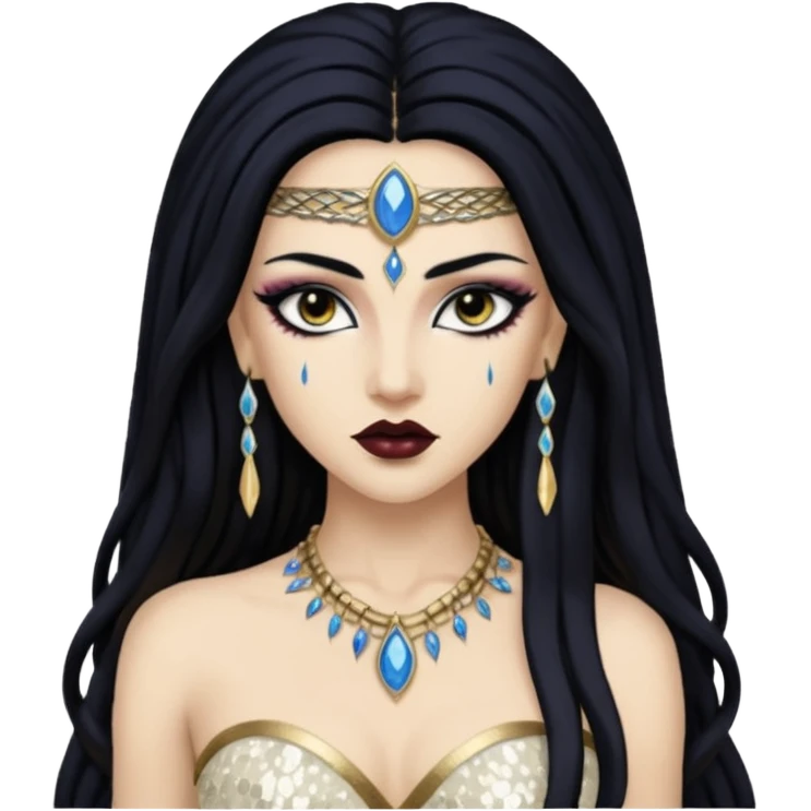 Akasha from Queen of the Damned with long black hair, ivory sequin outfit emoji