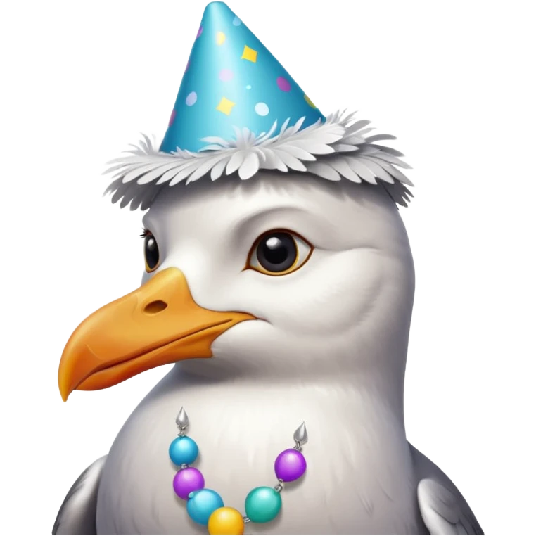 A seagull with a party hat, only the head zoomed in emoji