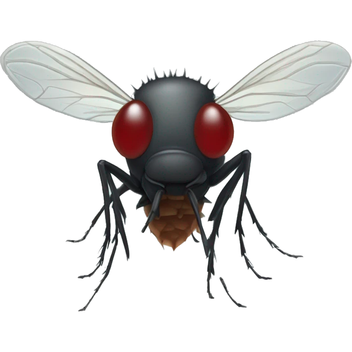 A midge (very tiny fly from scotland) looking like a vampire (with two protruding teeth), view from face/profile, looking like embarassed emoji