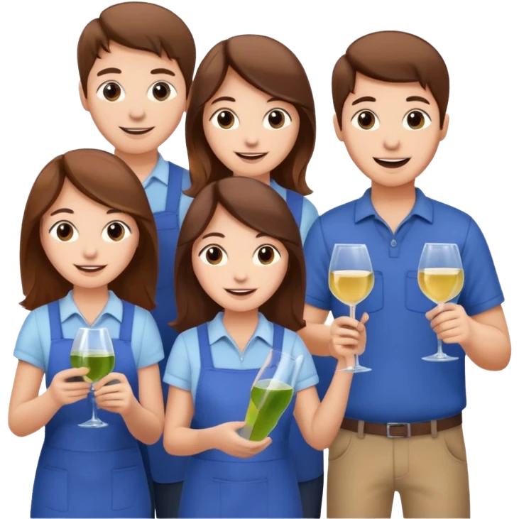 Make a photo of 5 project managers, specifically 3 girls with brown hair and 2 boys, that are making project for improvement of the winery emoji