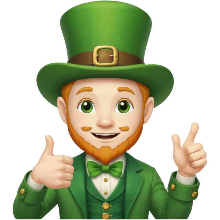 leprechaun looking up, and giving a thumbs up. on his left hand, he is holding his waist emoji