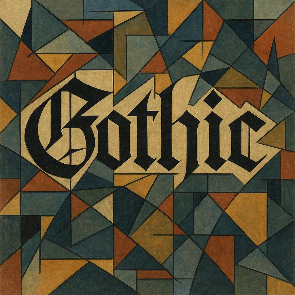 the word 'Gothic' in ornate gothic calligraphy, cubist abstraction style emoji