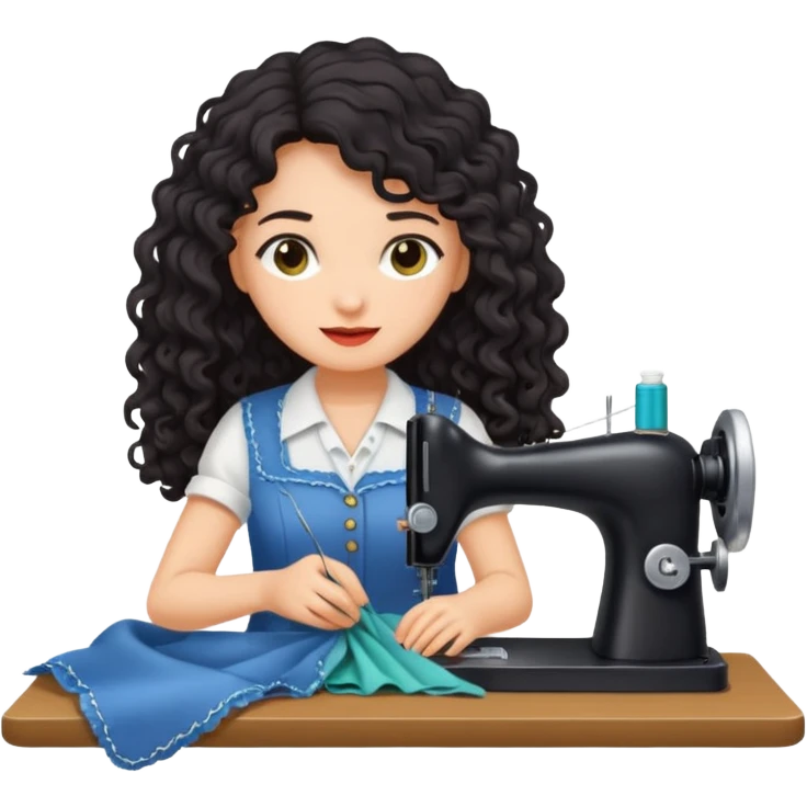a woman with long curly dark hair sewing clothes emoji
