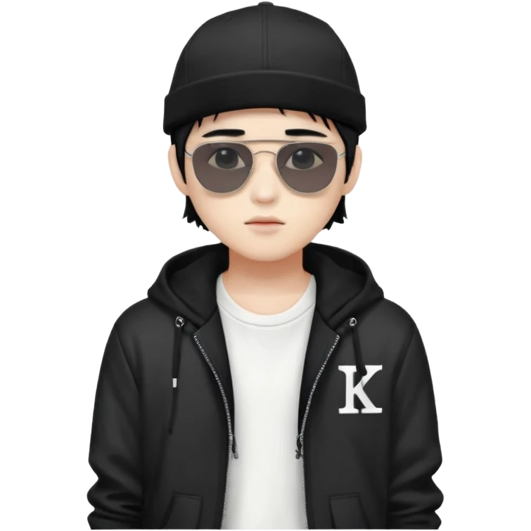 Portrait of a male K-pop idol, white skin, wearing a stylish streetwear outfit with layered clothing, makeup, wearing a black cap, sunglasses emoji