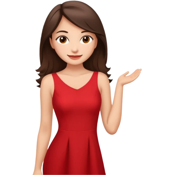 Cartoon emoji of a young brunette woman with fair-medium skin, brown eyes, wearing a red outfit. Full-height, standing confidently in a red dress  posing sexy with a smile and relaxed posture. Smooth, friendly, stylized, make up on, flirty eyes and smile in a sexy position touching hair emoji