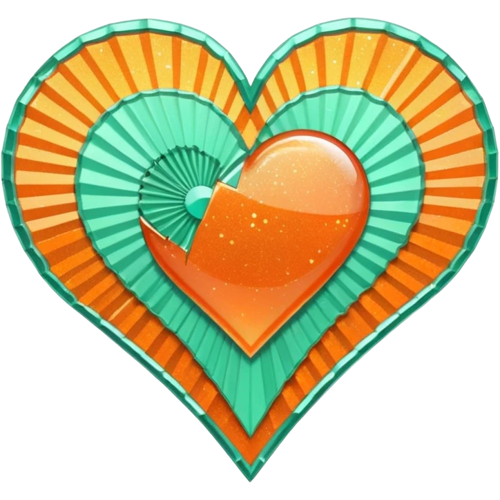 orange glittery heart, chopped  in pieces like shattered glass edges  with a couple mint green art deco fans in the center emoji