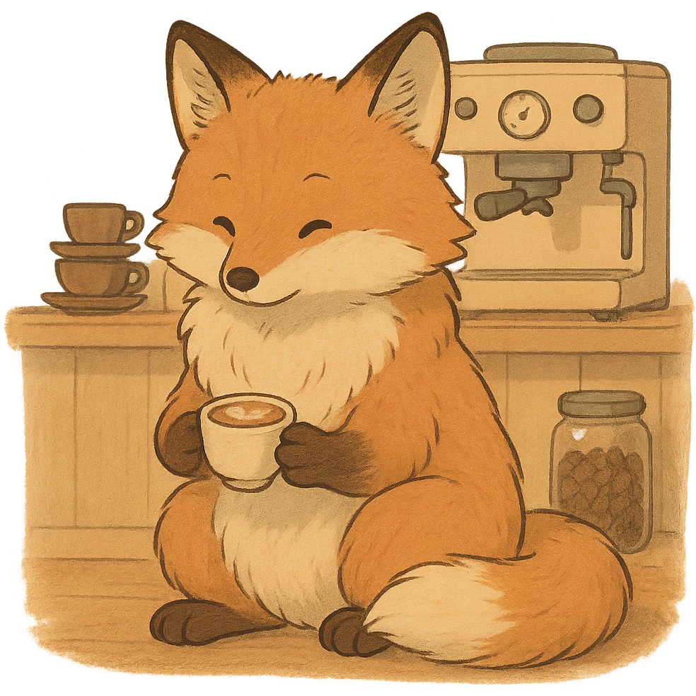 soft fluffy full-body fox holding a tiny latte cup, brown and beige tones, pastel coffee maker aesthetic, cozy coffee shop vibe, gentle warm atmosphere, Ghibli style emoji