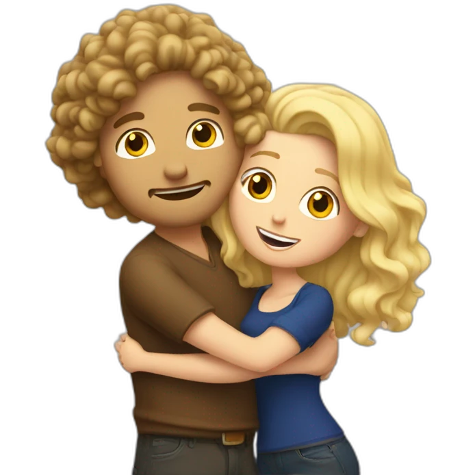 White Man with long dark curly hair hugging a blonde curvy woman emoji