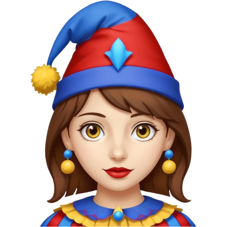 a girl with brown hair a blue and red jester hat with yellow pom pom's at the tip of the jester hat her eyes a patren of red and blue  emoji