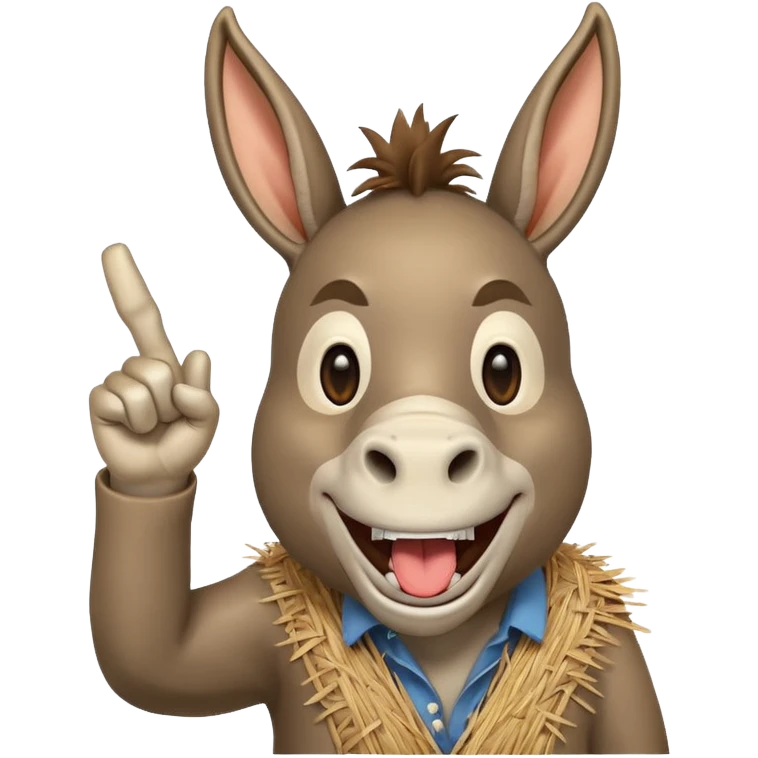 A donkey with a piece of straw in their mouth laughing hysterically while pointing up the middle finger emoji