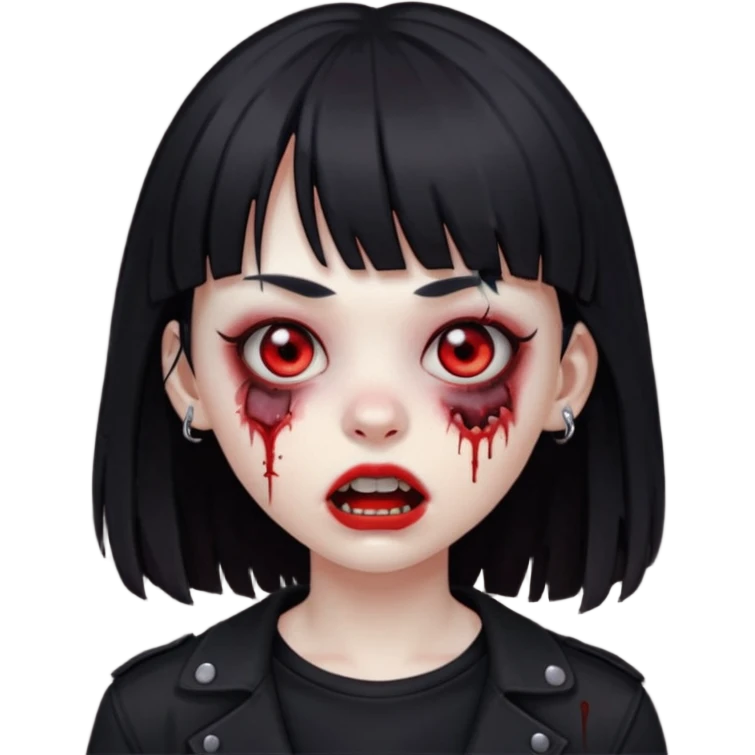 uma garota zumbi, com piercing na boca e no nariz, com olhos vermelhos, cabelos pretos e com franja, e roupa preta emoji