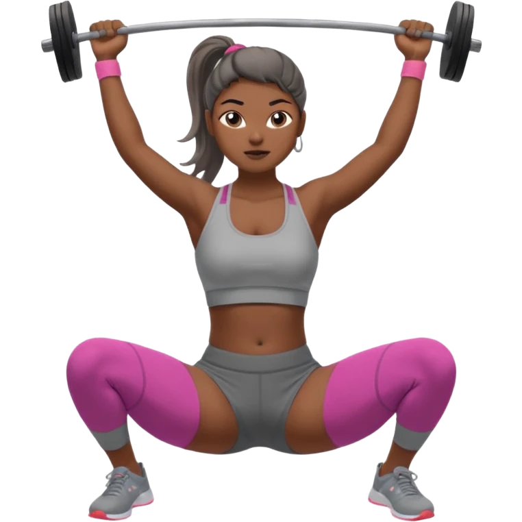 Mujer en gimnasio, peruana con coleta top corto gris y pantalón gris. Haciendo jalón al pecho  emoji