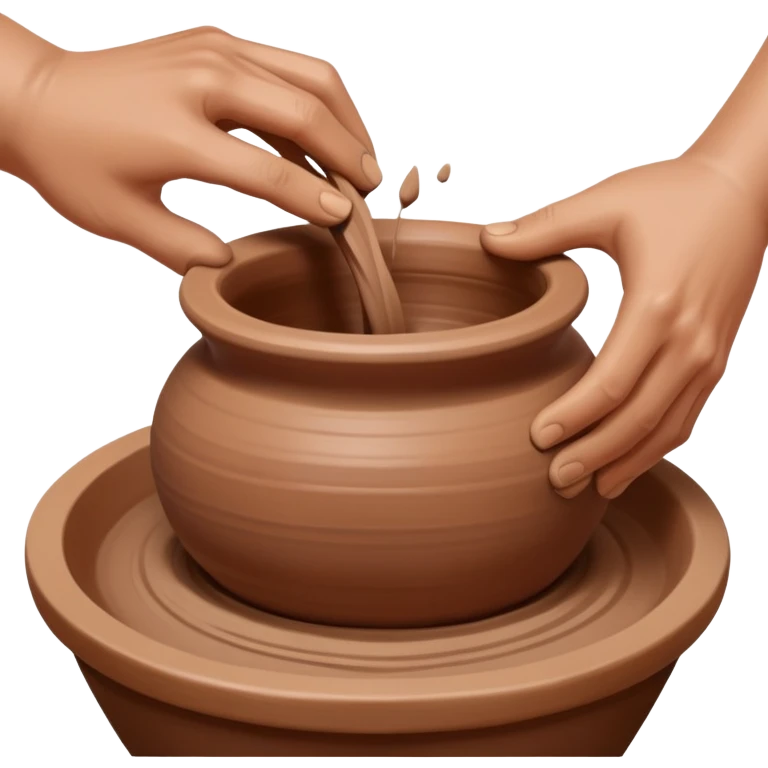 Hands making pottery, one hand inside clay vessel, one hand outside, pinching and lifting clay on a spinning pottery wheel emoji