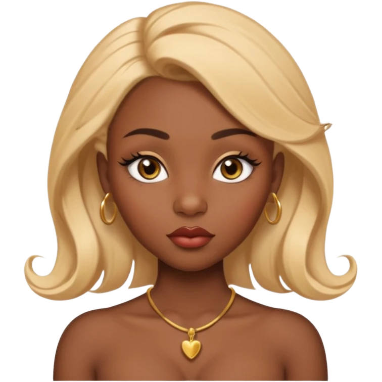 darkskin female with eyebrows that are naturally shaped and frame eyes well, eyes that are almond-shaped with defined lashes. nd lips are full with a defined cupid’s bow, add also a septum piercing that adds an edgy, stylish flair. a middle-part, honey blonde bust-down with laid baby hairs emoji