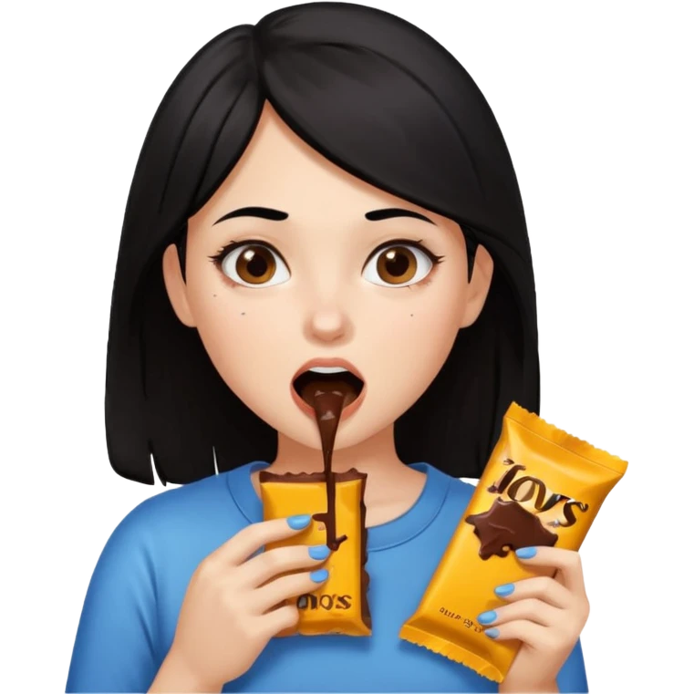 Weird Girl with black hair eating chocolate and chocolate is all over her face emoji