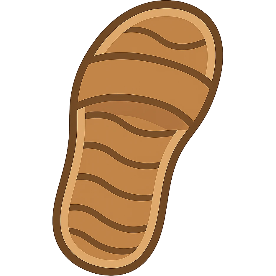 Edit the image to depict a sandal sole with a single strap, minimal detail, viewed from the bottom and matching the angle of the reference image, in emoji style. emoji