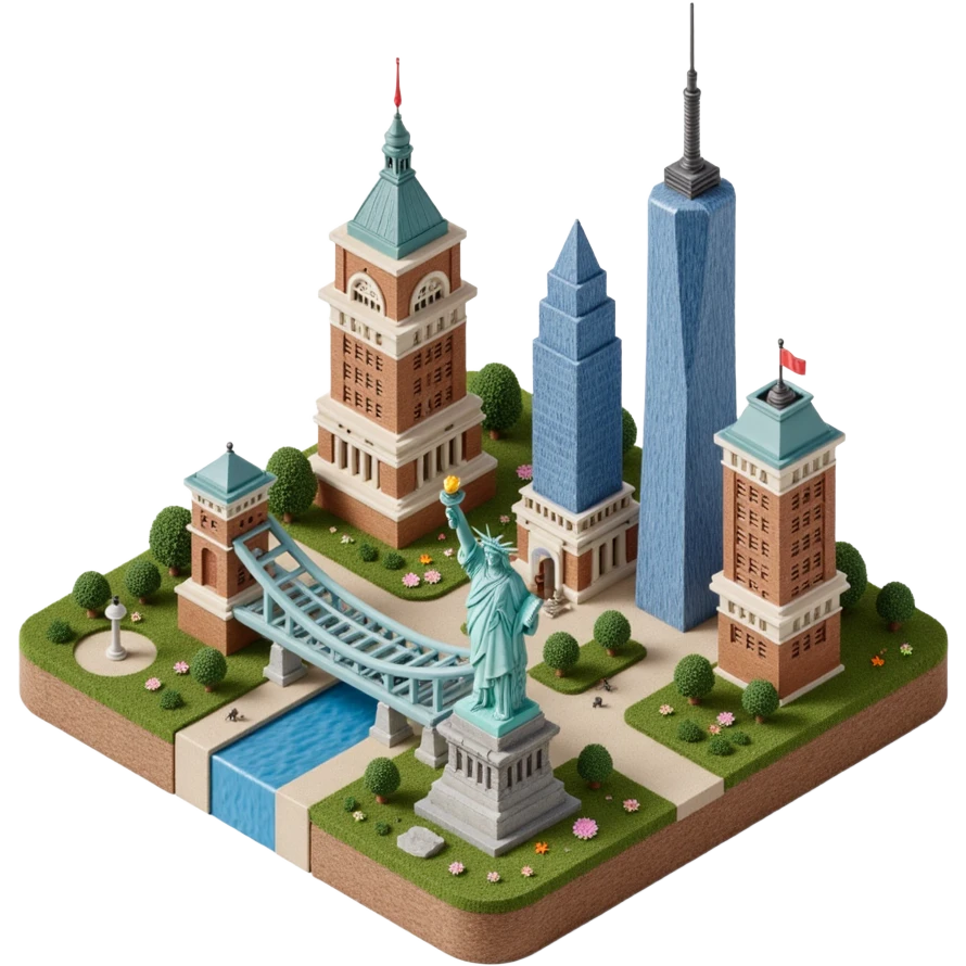 Isometric miniature of New York Сity Empire State Building, Chrysler Building, One World Trade Center, Statue of Liberty, Brooklyn Bridge emoji
