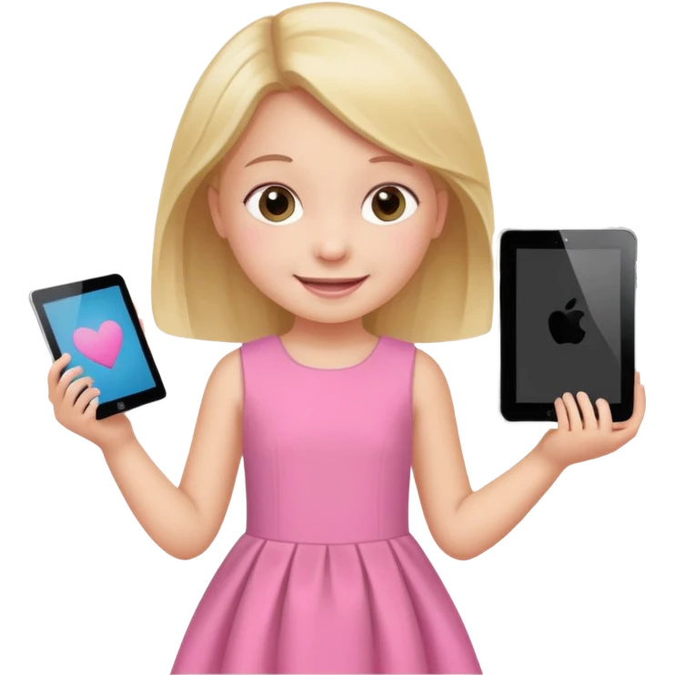 kid girl hold a tablet, pink dress emoji