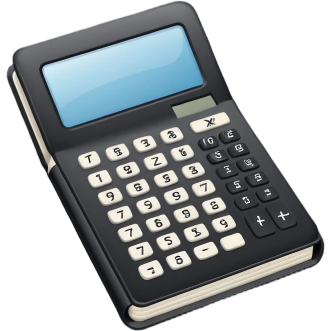 Minimalistic flat vector icon, iOS style, thin black contour on white background. Small black notebook with visible binding, placed next to a calculator. Clean, modern, no text, no shadows. emoji