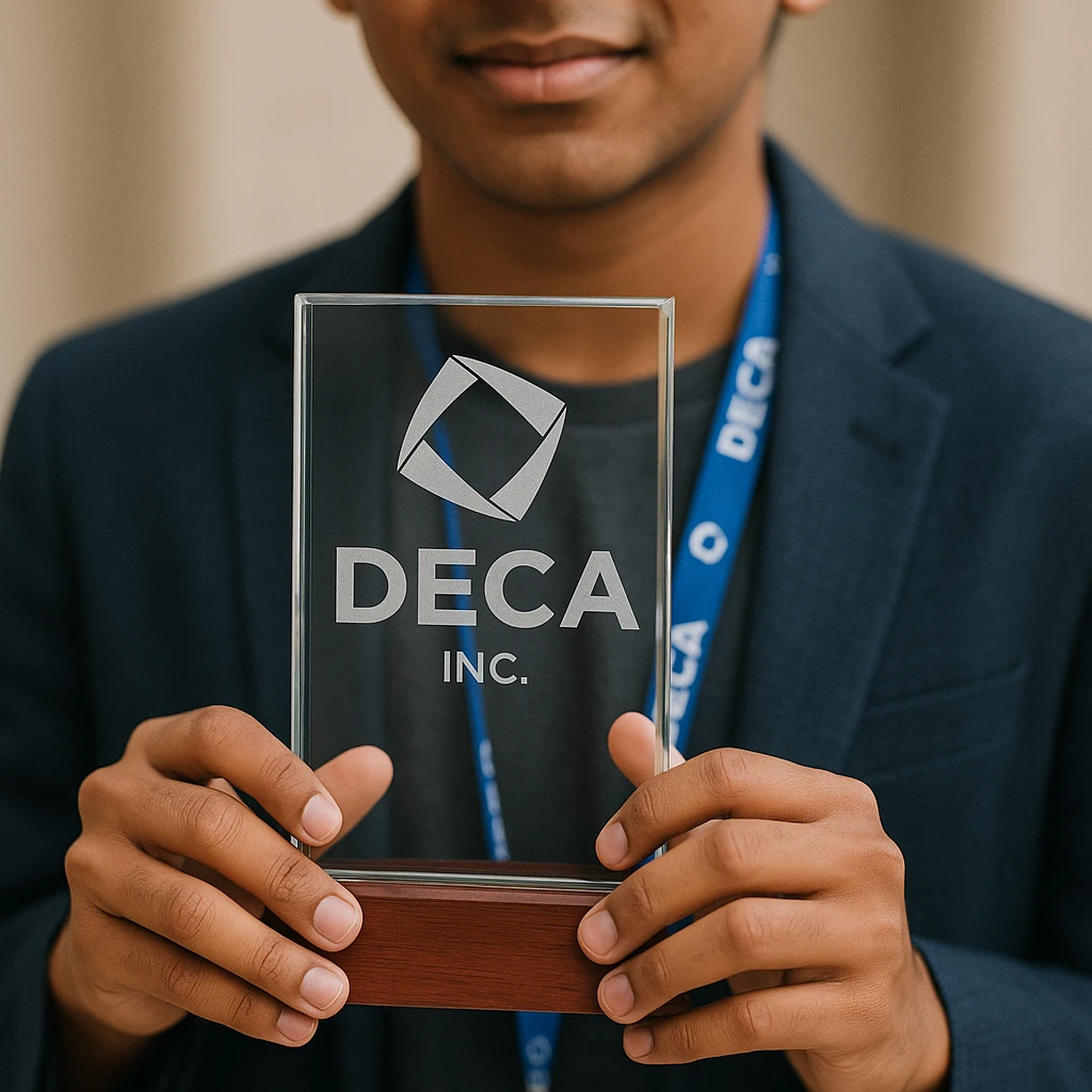Close-up of an Indian teenage boy's hands holding the official DECA glass trophy: a rectangle of clear glass on a wood base, with the DECA logo and etching visible. The background is blurred, focusing on the trophy and the boy's hands, with a hint of a DECA lanyard. emoji