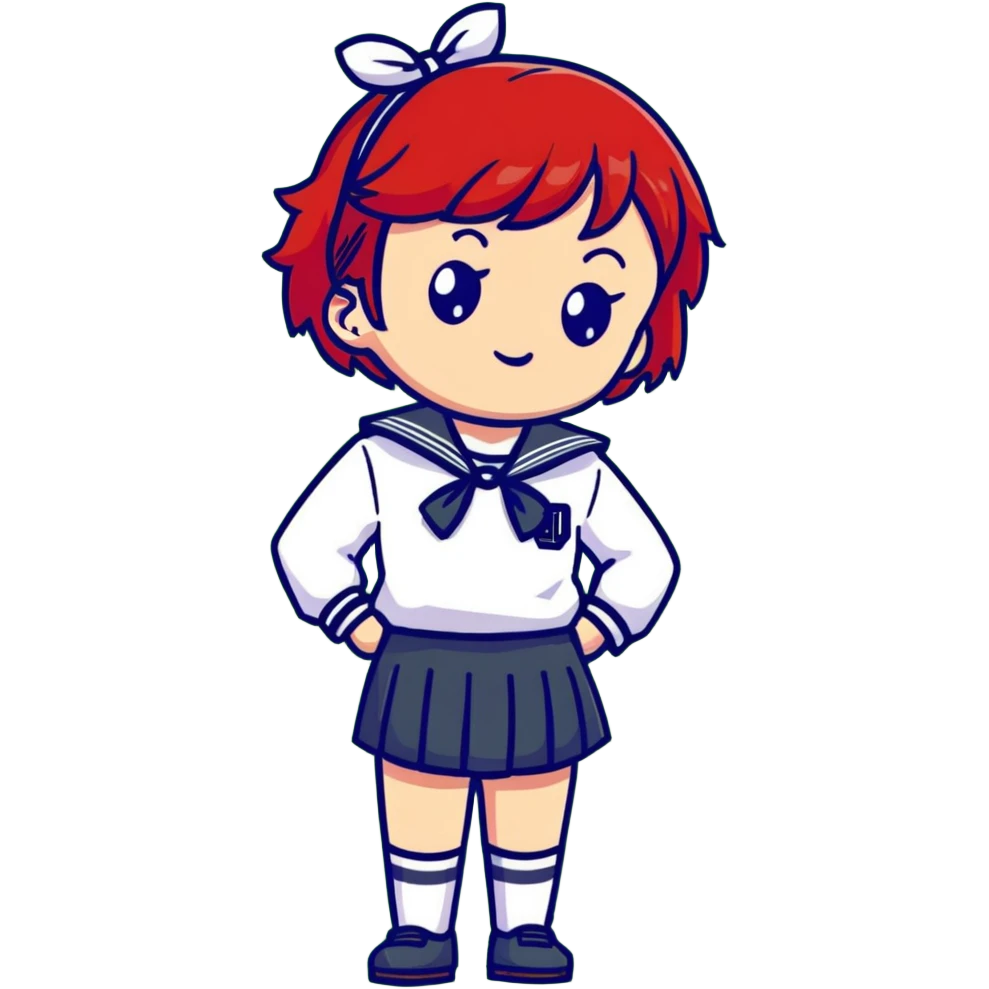 Serious anime girl with short bright red hair wearing Japanese sailor style school uniform, composed expression with hand on hip, confident and stern emoji
