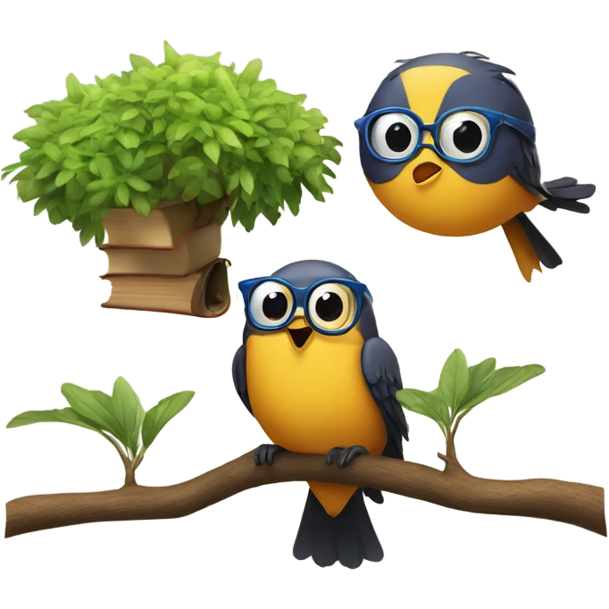 two birds in a tree but another bird wearing glasses and with a book emoji