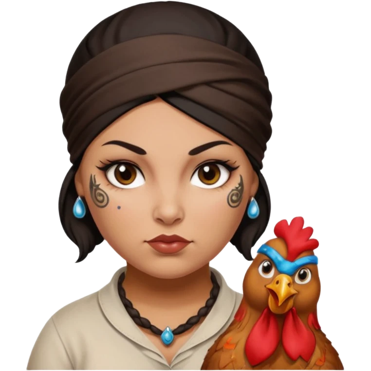 Dark haired heavyset woman, hairnet bandana tied around her forehead, brown teardrop tattoo under right eye, brown chicken drumstick tattoo on her left cheek emoji
