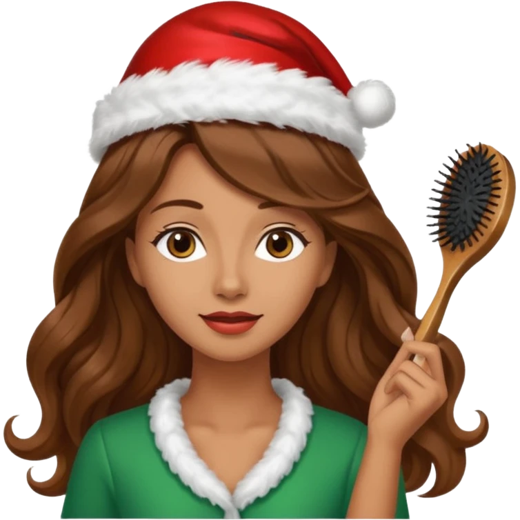 mujer peinandose en la peluqueria y con un gorro de navidad, cabello largo café y ondulado emoji